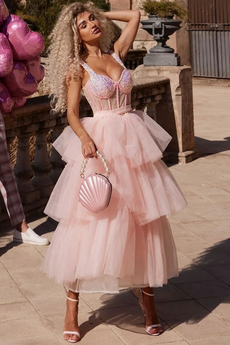 Off Stunning Shoulder Bustier Sheer Corset Layered Tulle Cocktail Midi Dress - Pink