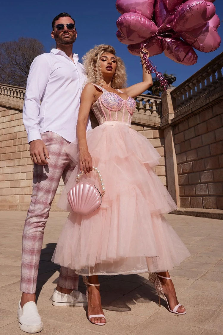 Off Stunning Shoulder Bustier Sheer Corset Layered Tulle Cocktail Midi Dress - Pink