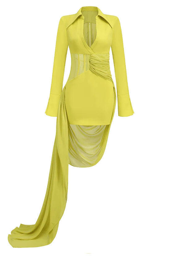 Big Stylish Collar Deep V Draped Mesh Corset Long Sleeve Mini Dress - Yellow