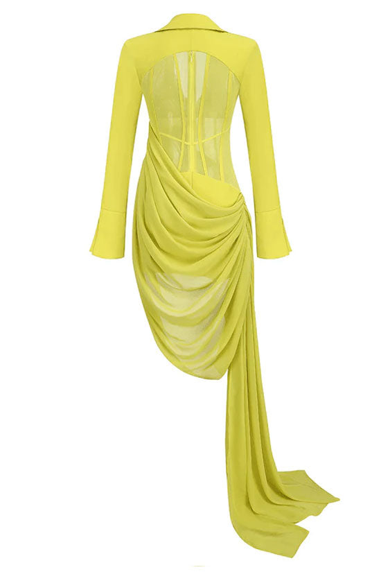 Big Stylish Collar Deep V Draped Mesh Corset Long Sleeve Mini Dress - Yellow