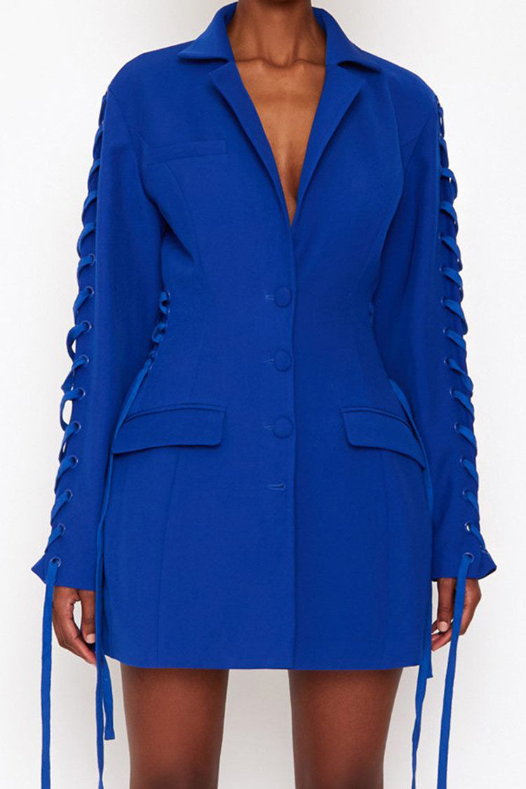 Long Stylish Sleeve Lace Up Lapel Fit & Flare Blazer Mini Dress - Blue