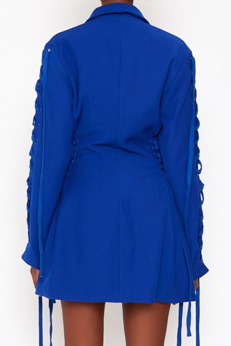 Long Stylish Sleeve Lace Up Lapel Fit & Flare Blazer Mini Dress - Blue