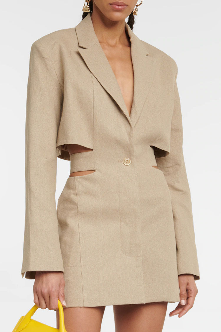 Long Stylish Sleeve Single Breasted Cutout Blazer Mini Dress - Apricot