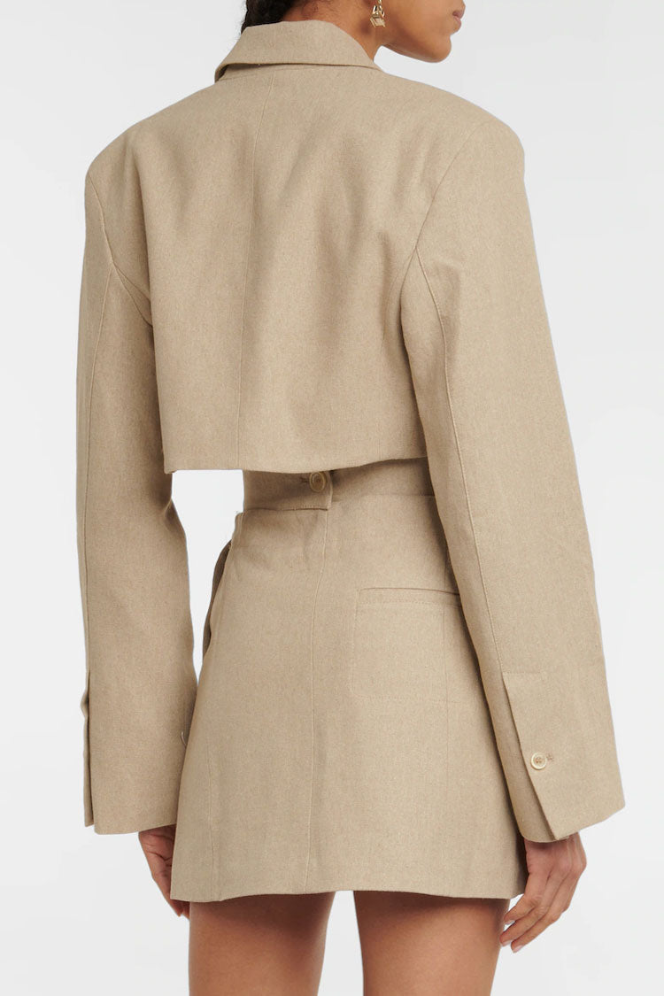 Long Stylish Sleeve Single Breasted Cutout Blazer Mini Dress - Apricot
