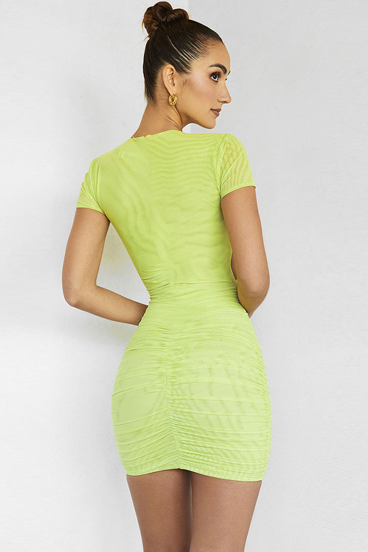 Short Stylish Sleeve Bodycon Ruched Cutout Club Mini Dress - Green