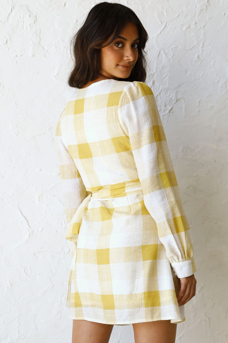 Plaid Summery Printed Long Sleeve Deep V Wrap Mini Dress - Yellow