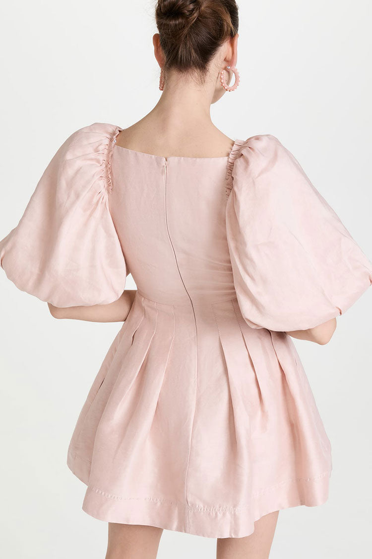 Ruched Sweet Knot Puff Sleeve Pleated Trim Cotton Blend Mini Dress - Pink