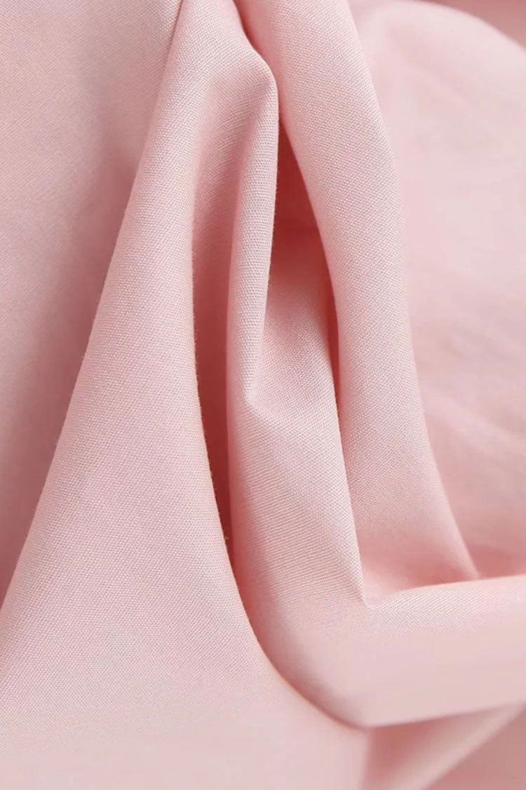Ruched Sweet Knot Puff Sleeve Pleated Trim Cotton Blend Mini Dress - Pink