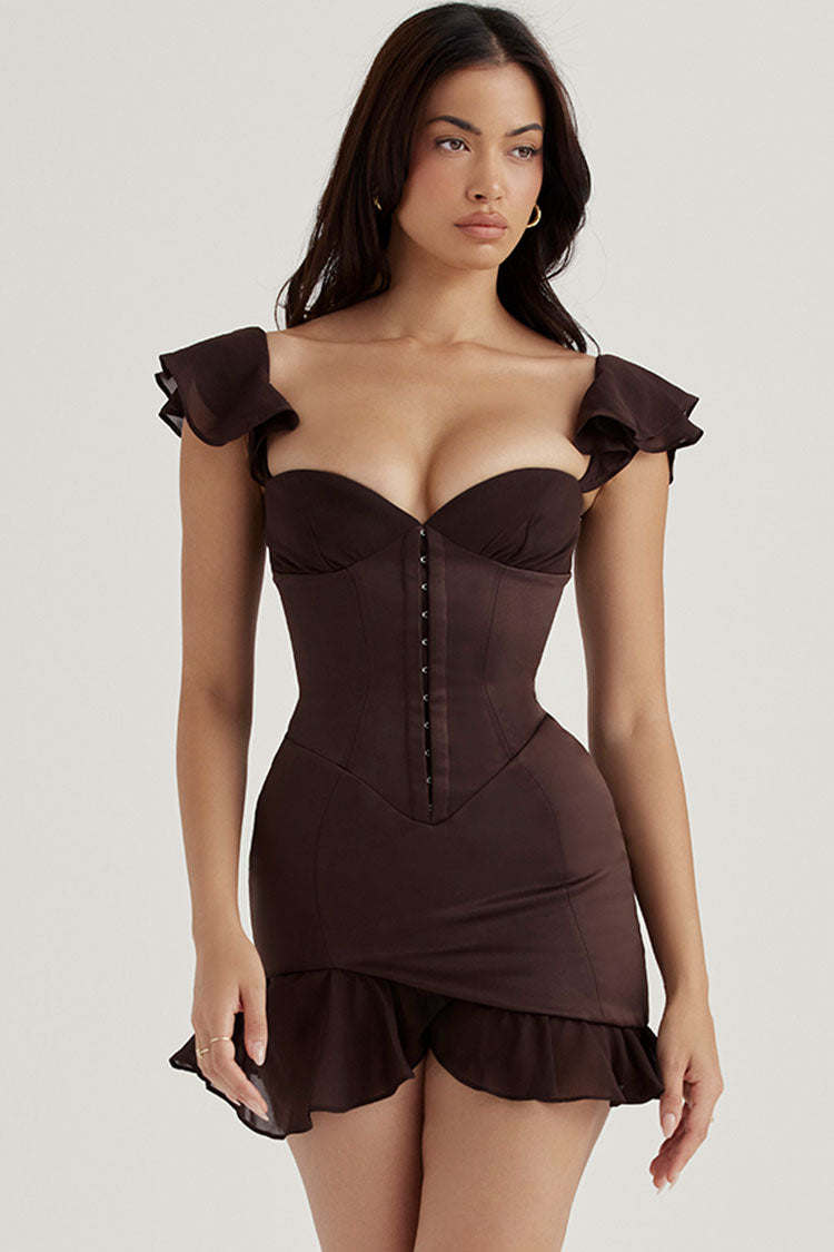 Chiffon Swingy Ruffle Bustier Satin Slip Party Mini Dress - Chocolate