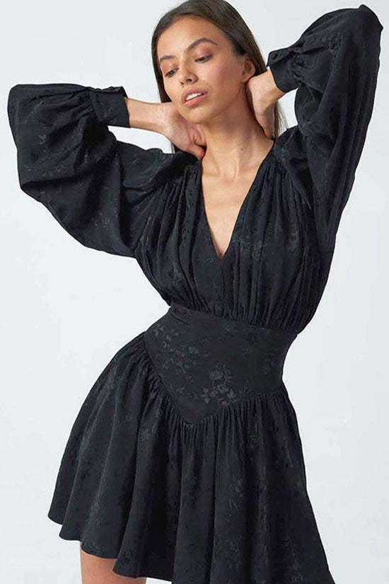 Swingy Flower Jacquard Fit & Flare Long Sleeve Mini Dress - Black