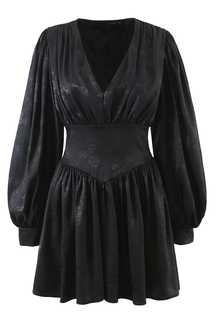 Swingy Flower Jacquard Fit & Flare Long Sleeve Mini Dress - Black