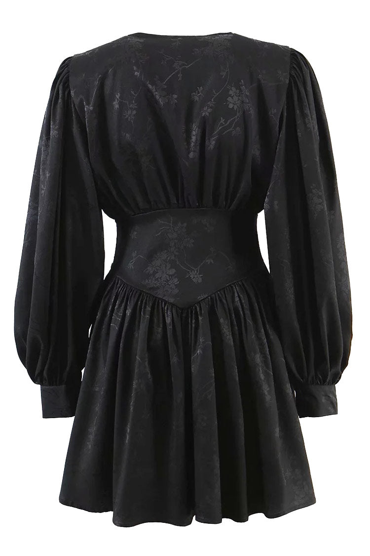 Swingy Flower Jacquard Fit & Flare Long Sleeve Mini Dress - Black