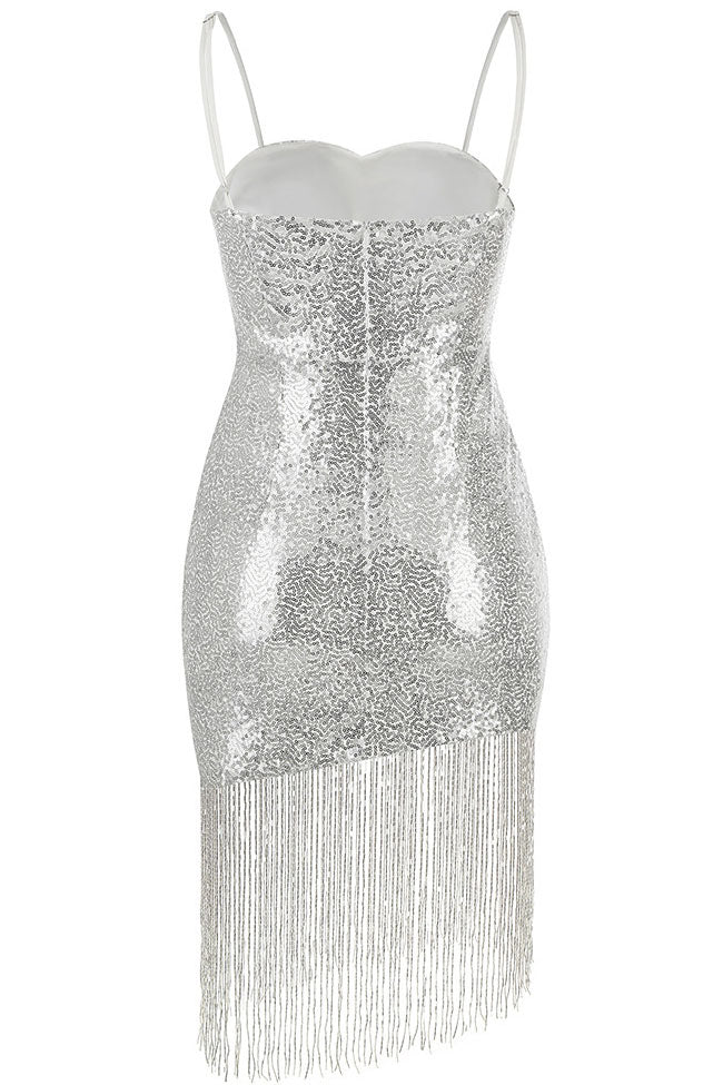 Fringe Swingy Sweetheart Spaghetti Strap Sequin Mini Dress - Silver