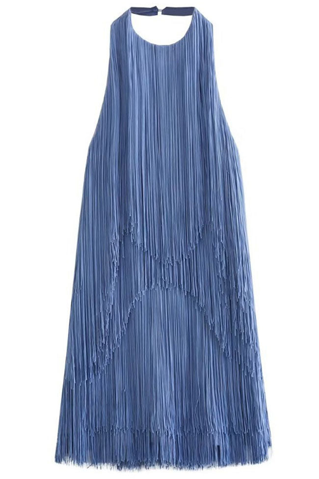 Halter Swingy Neck Open Back Layered Fringe Flapper Mini Dress - Dusty Blue