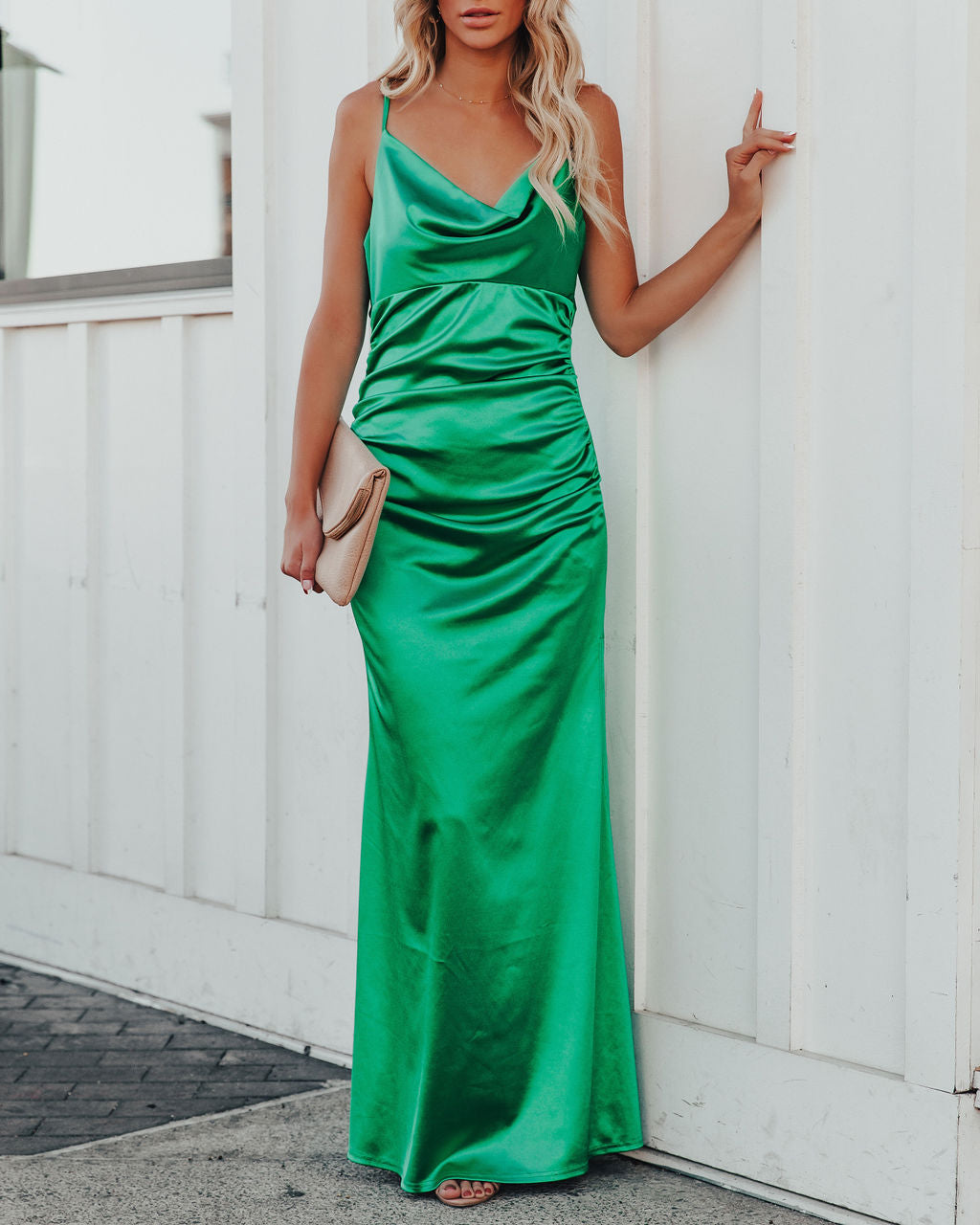 Take Care Satin Cowl Neck Maxi Dress Green FINAL
