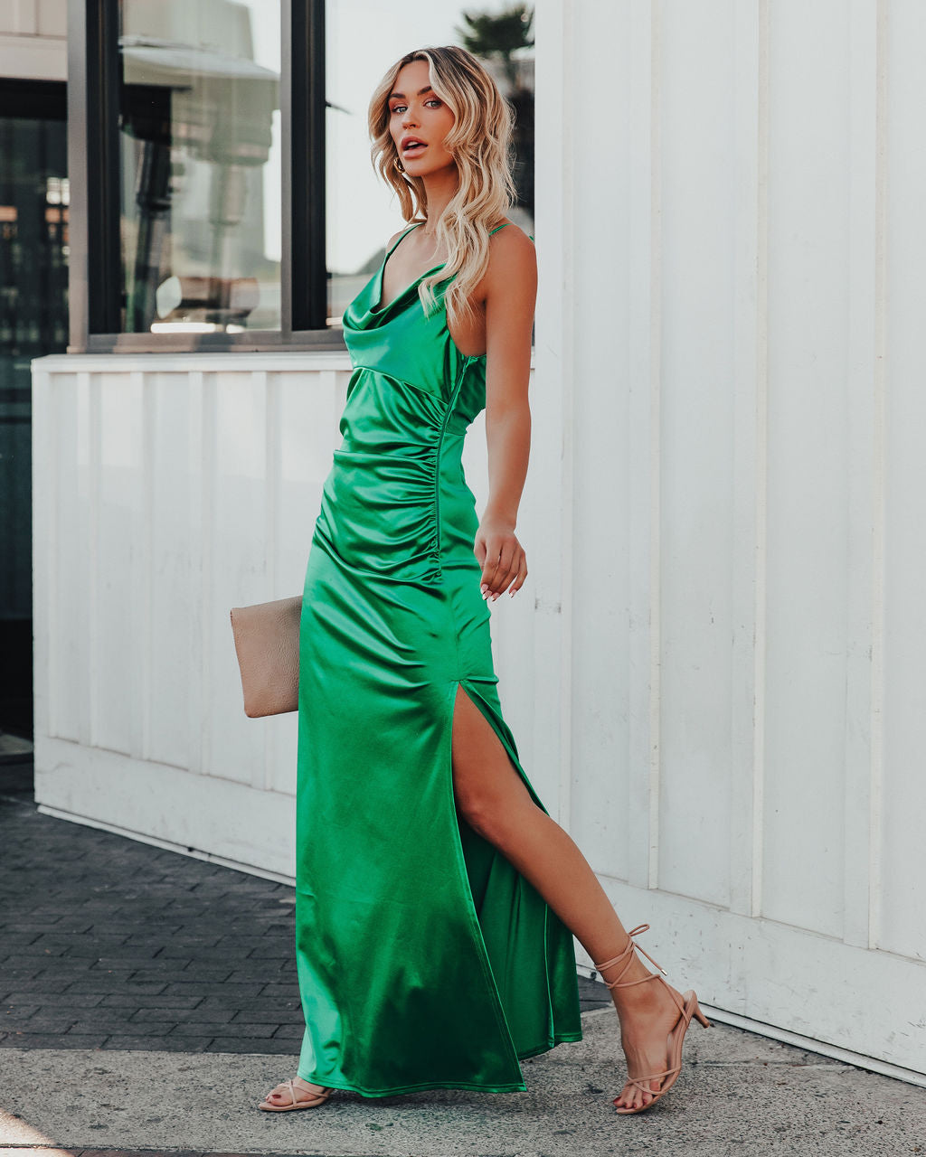 Take Care Satin Cowl Neck Maxi Dress Green FINAL