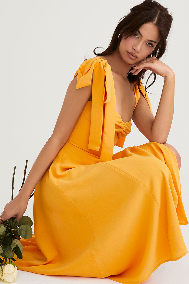 Strap Tie Fit & Flare High Slit Slip Midi Dress - Yellow