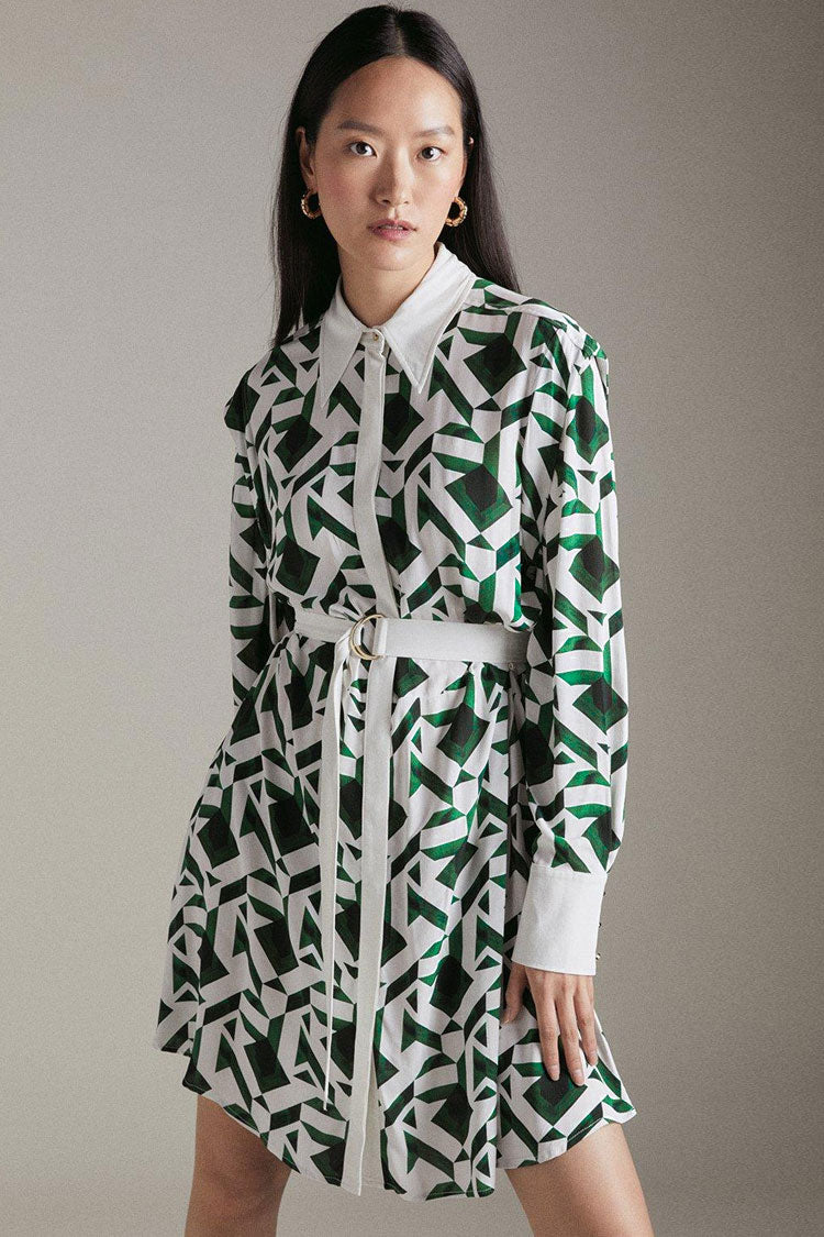 Geometric Trendy Print Long Sleeve Shirt Mini Dress - Green