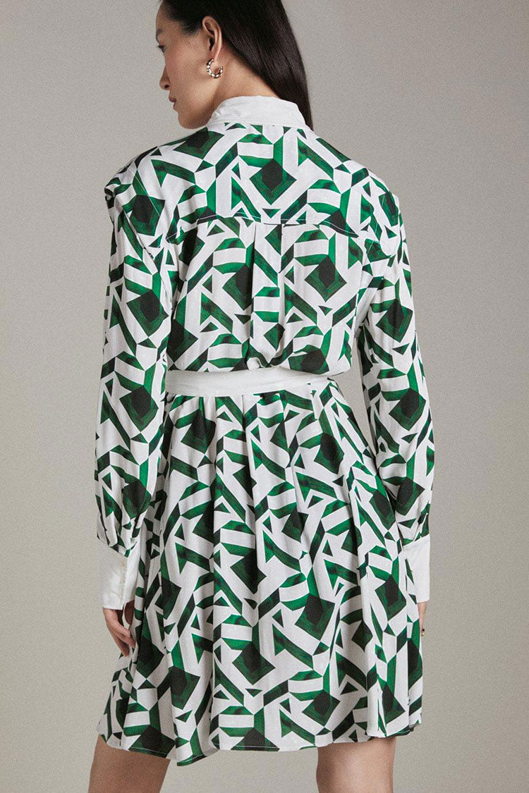 Geometric Trendy Print Long Sleeve Shirt Mini Dress - Green