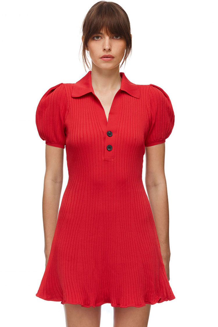 Puff Trendy Sleeve Ribbed Winter Polo Sweater Mini Dress - Red