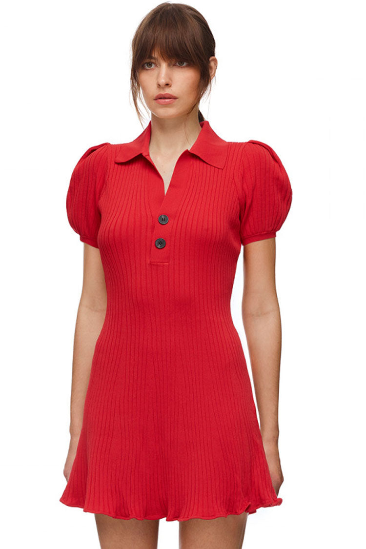 Puff Trendy Sleeve Ribbed Winter Polo Sweater Mini Dress - Red