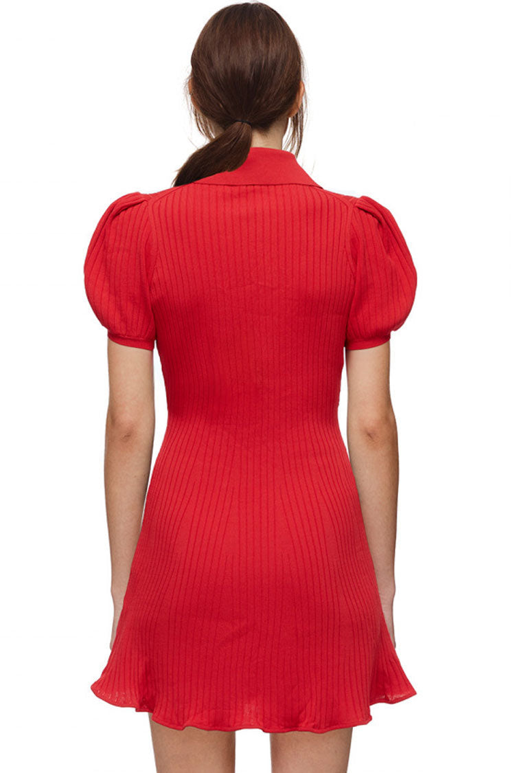 Puff Trendy Sleeve Ribbed Winter Polo Sweater Mini Dress - Red