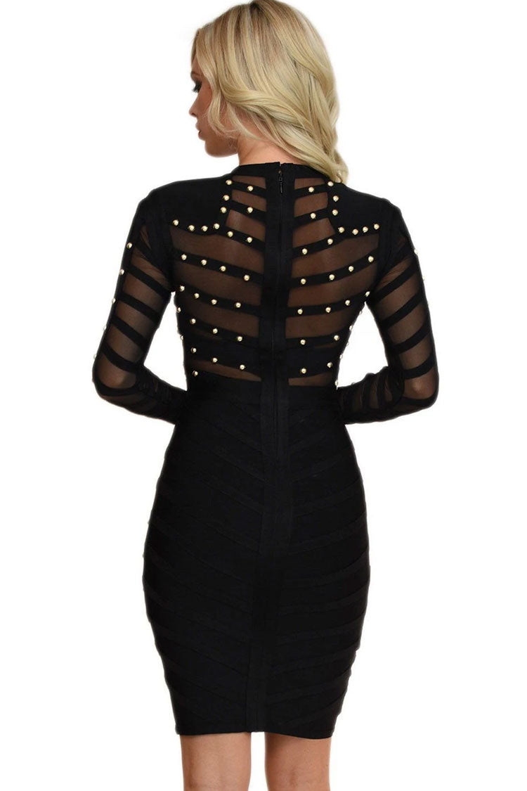 Studded Trendy Long Sleeve Mesh Bandage Cocktail Party Midi Dress - Black