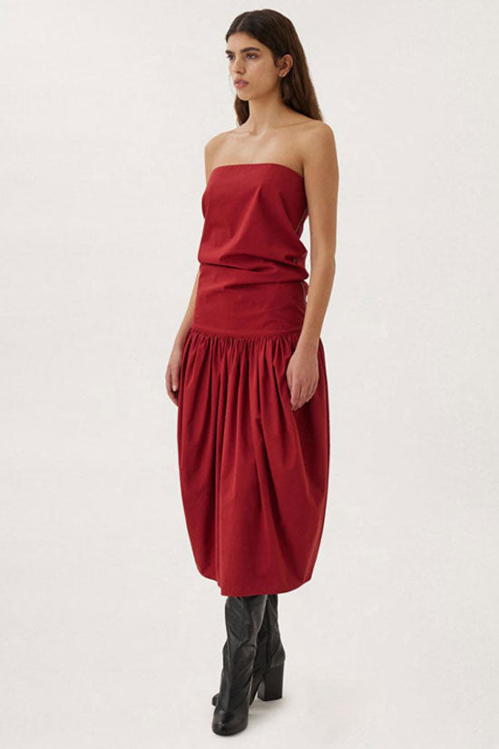 Way Two Ruched Detail Low Waist Cotton Blend Strapless Midi Dress - Red