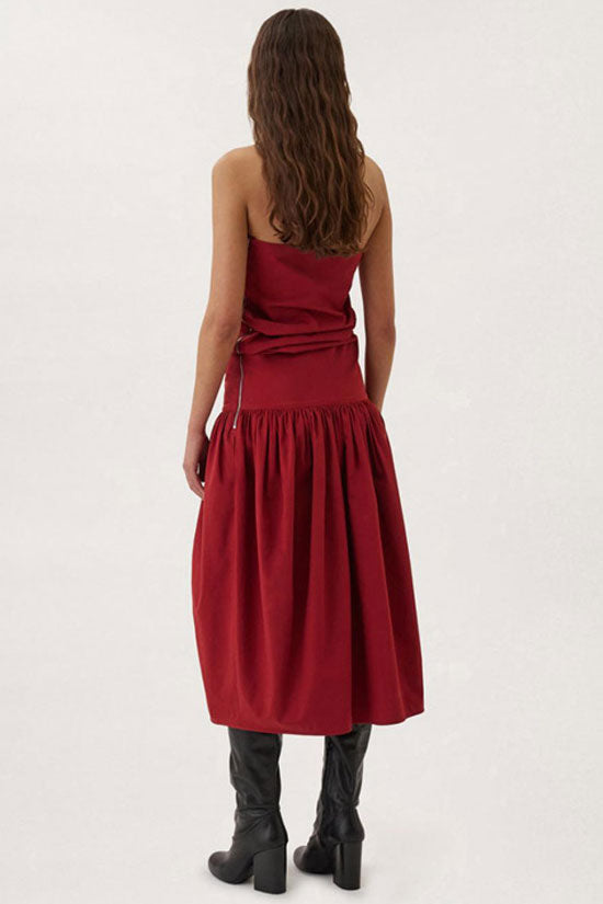 Way Two Ruched Detail Low Waist Cotton Blend Strapless Midi Dress - Red