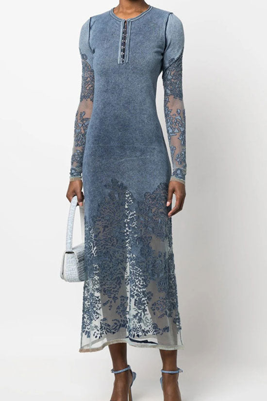 Unique Crew Neck Sheer Bloom Lace Panel Long Sleeve Knit Midi Dress - Blue