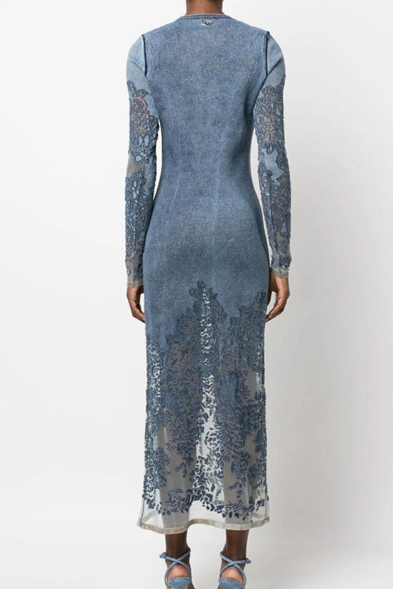 Unique Crew Neck Sheer Bloom Lace Panel Long Sleeve Knit Midi Dress - Blue