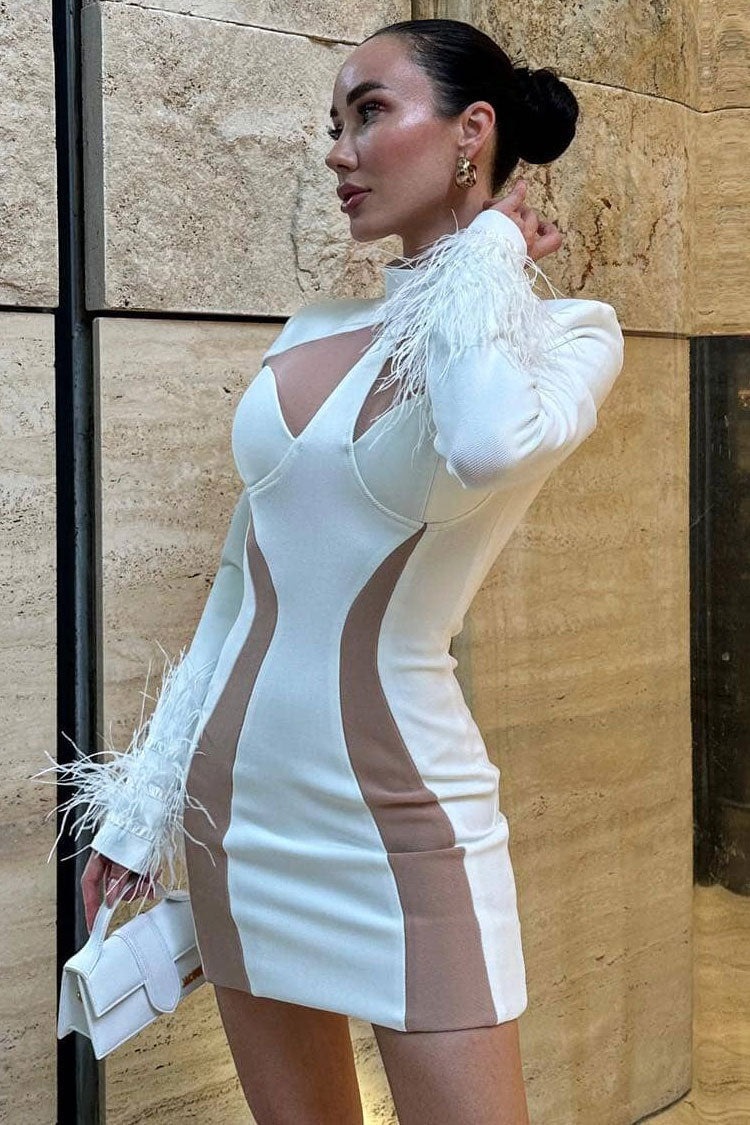 High Unique Neck Feather Trim Long Sleeve Contrast Bandage Mini Dress - White