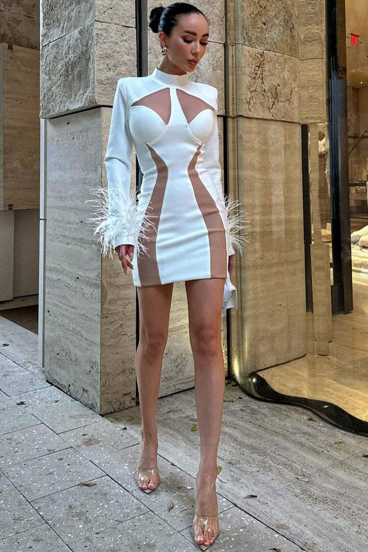 High Unique Neck Feather Trim Long Sleeve Contrast Bandage Mini Dress - White