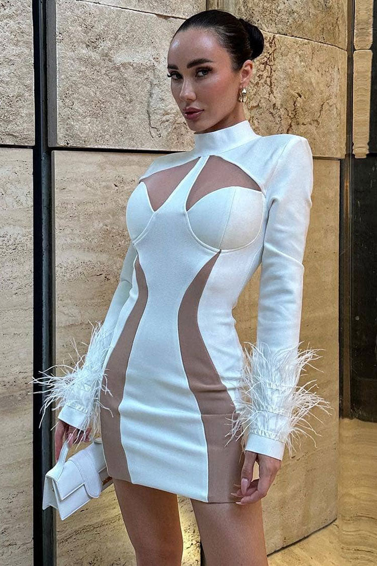 High Unique Neck Feather Trim Long Sleeve Contrast Bandage Mini Dress - White