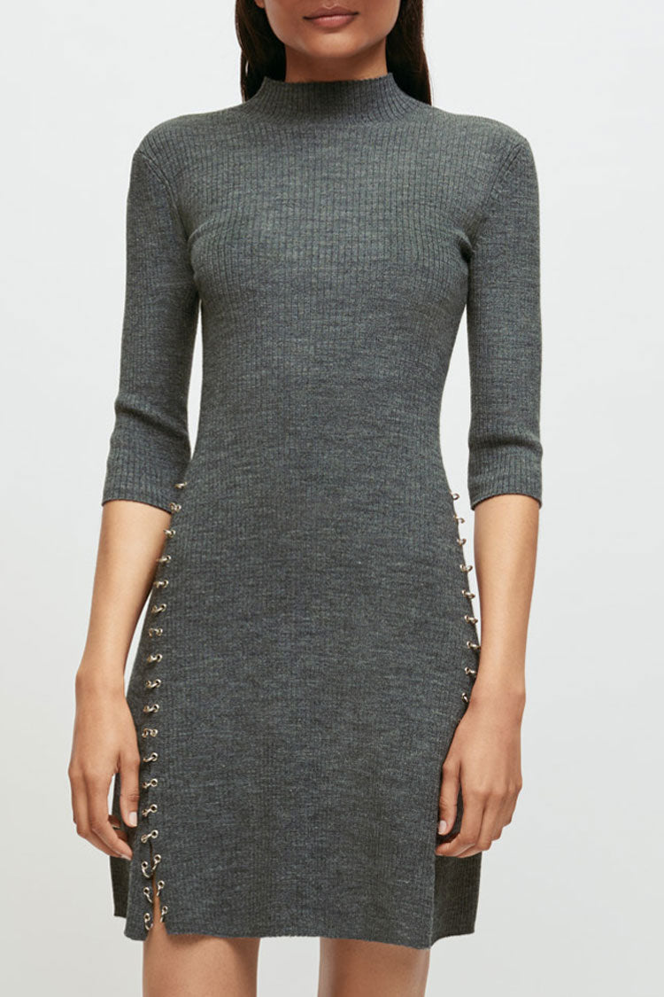 Ring Unique High Neck Winter Cashmere Sweater Mini Dress - Gray