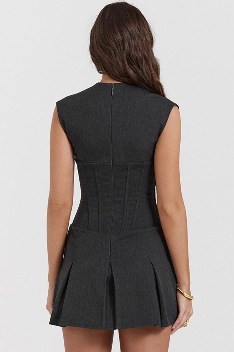 Split Unique Neck Sleeveless Corset Pleated Party Mini Dress - Black Gray