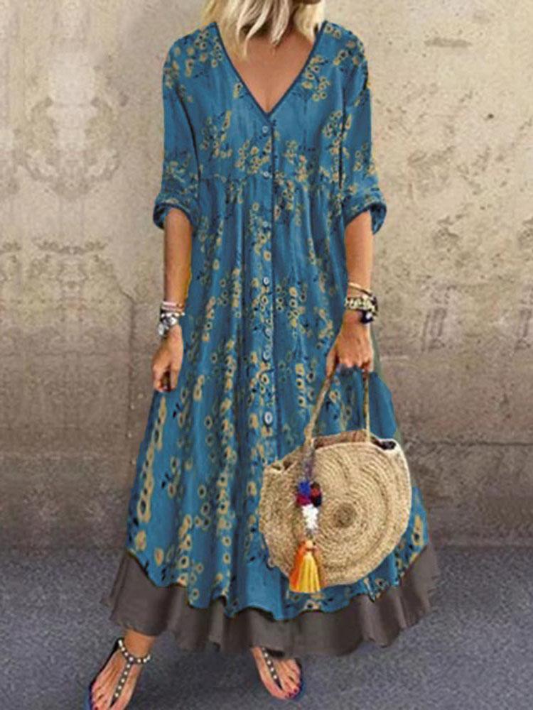 V neck Long Sleeves Printed Fake Two piece Dress