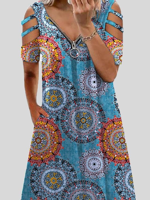 neck V Printed Zipper Short sleeved Dress
