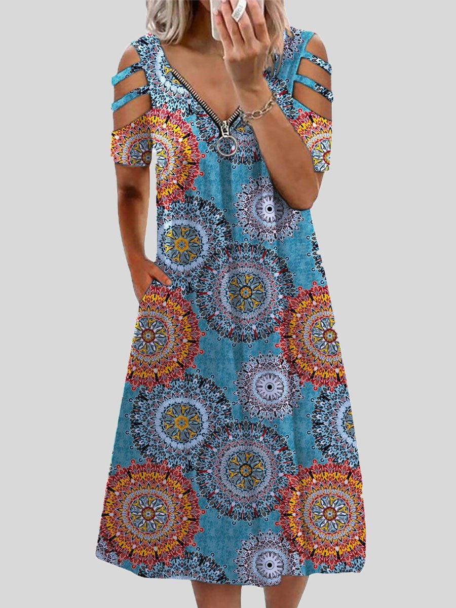 neck V Printed Zipper Short sleeved Dress
