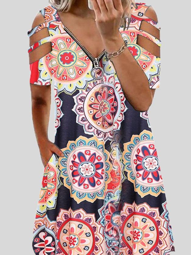 neck V Printed Zipper Short sleeved Dress
