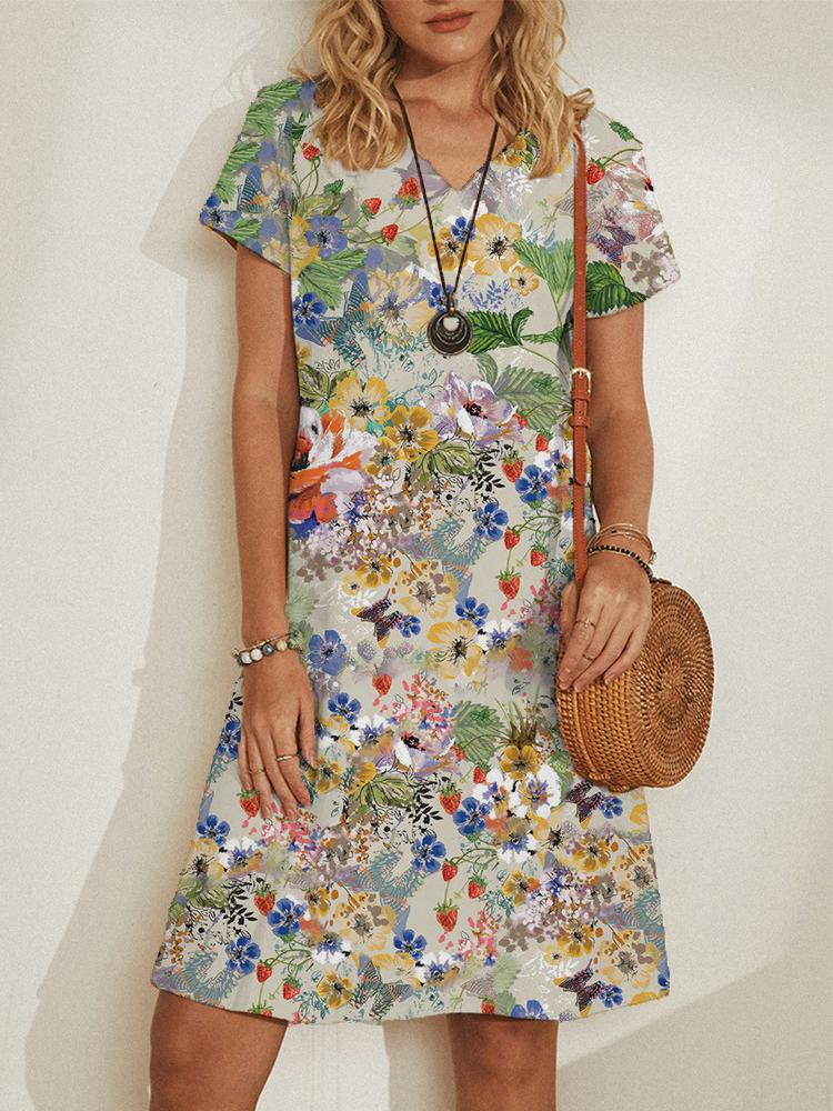 neck V Pullover Short Sleeve Loose Dress