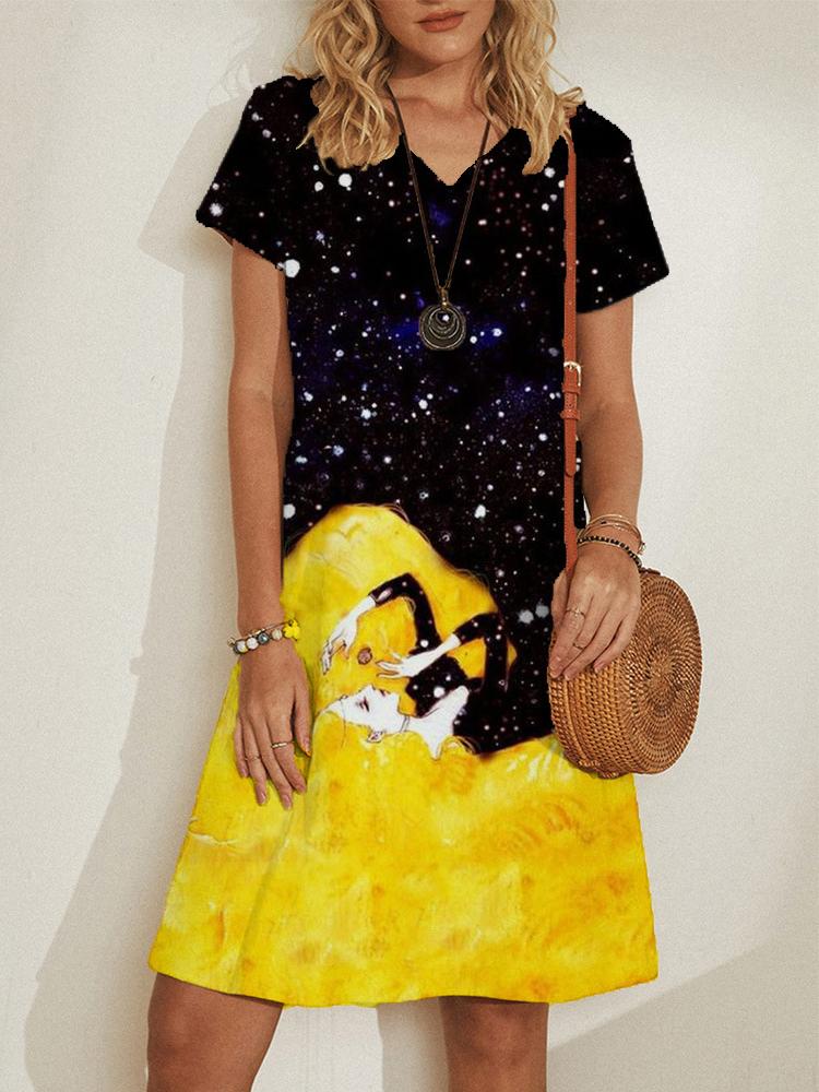 neck V Pullover Short Sleeve Loose Dress
