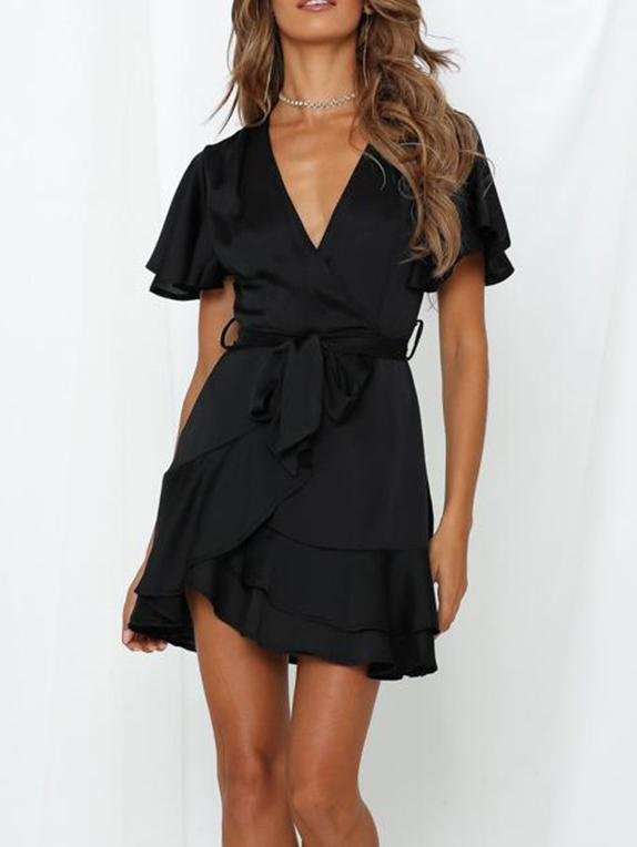 neck V Ruffled Belt Wrap Mini Dress