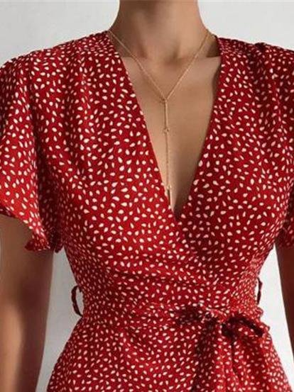 neck V Ruffled Belt Wrap Mini Dress
