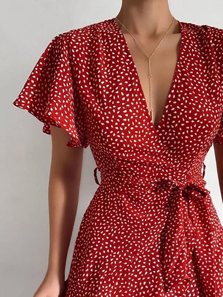 neck V Ruffled Belt Wrap Mini Dress
