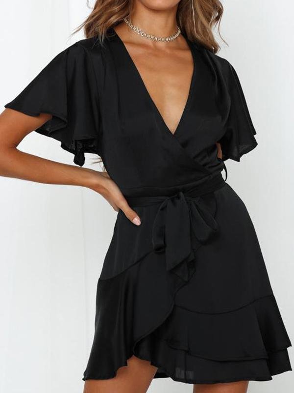 neck V Ruffled Belt Wrap Mini Dress