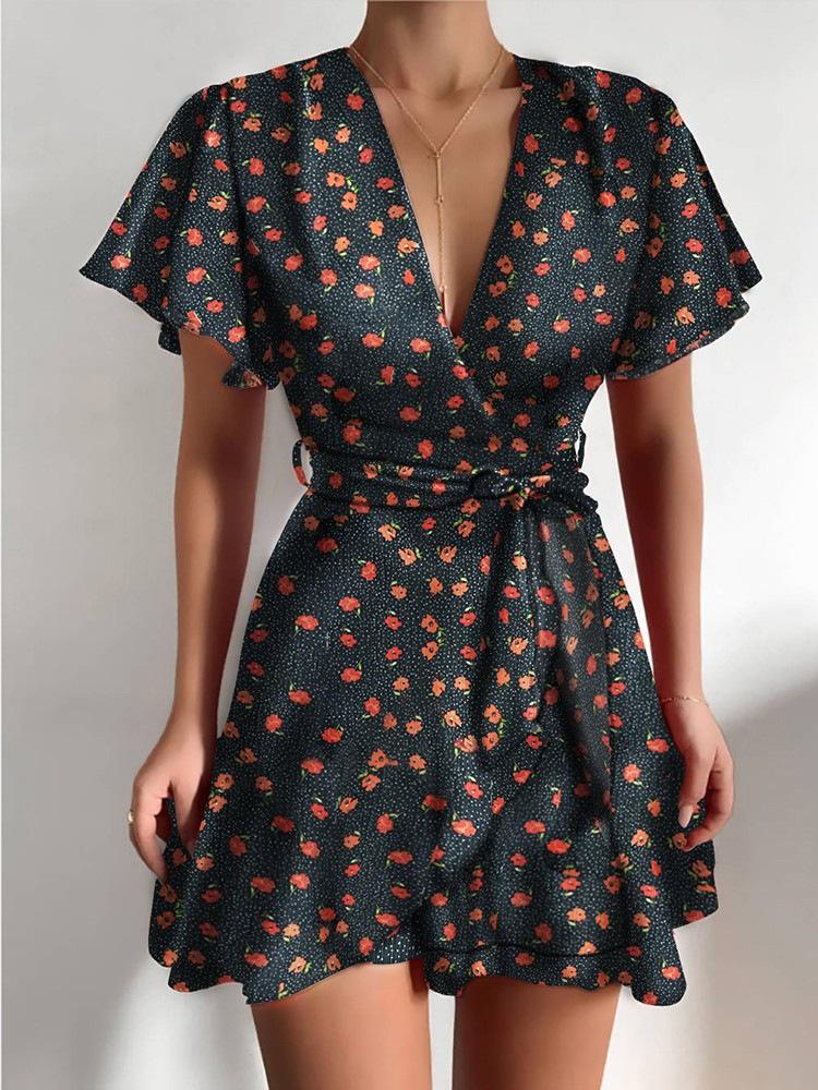 neck V Ruffled Belt Wrap Mini Dress