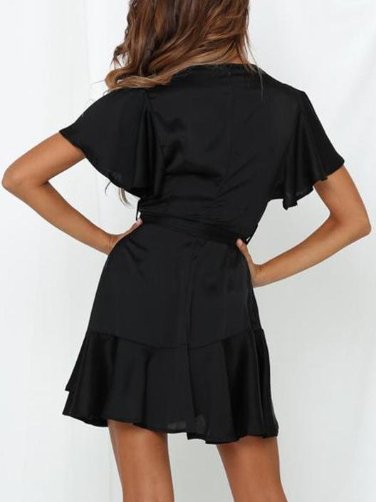 neck V Ruffled Belt Wrap Mini Dress