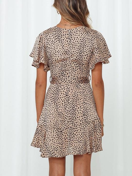 neck V Ruffled Belt Wrap Mini Dress