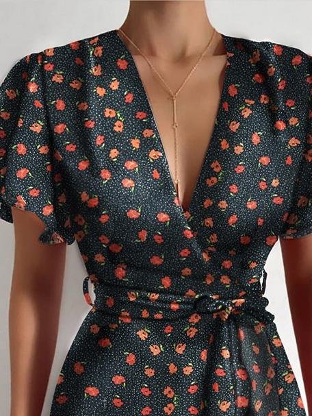 neck V Ruffled Belt Wrap Mini Dress